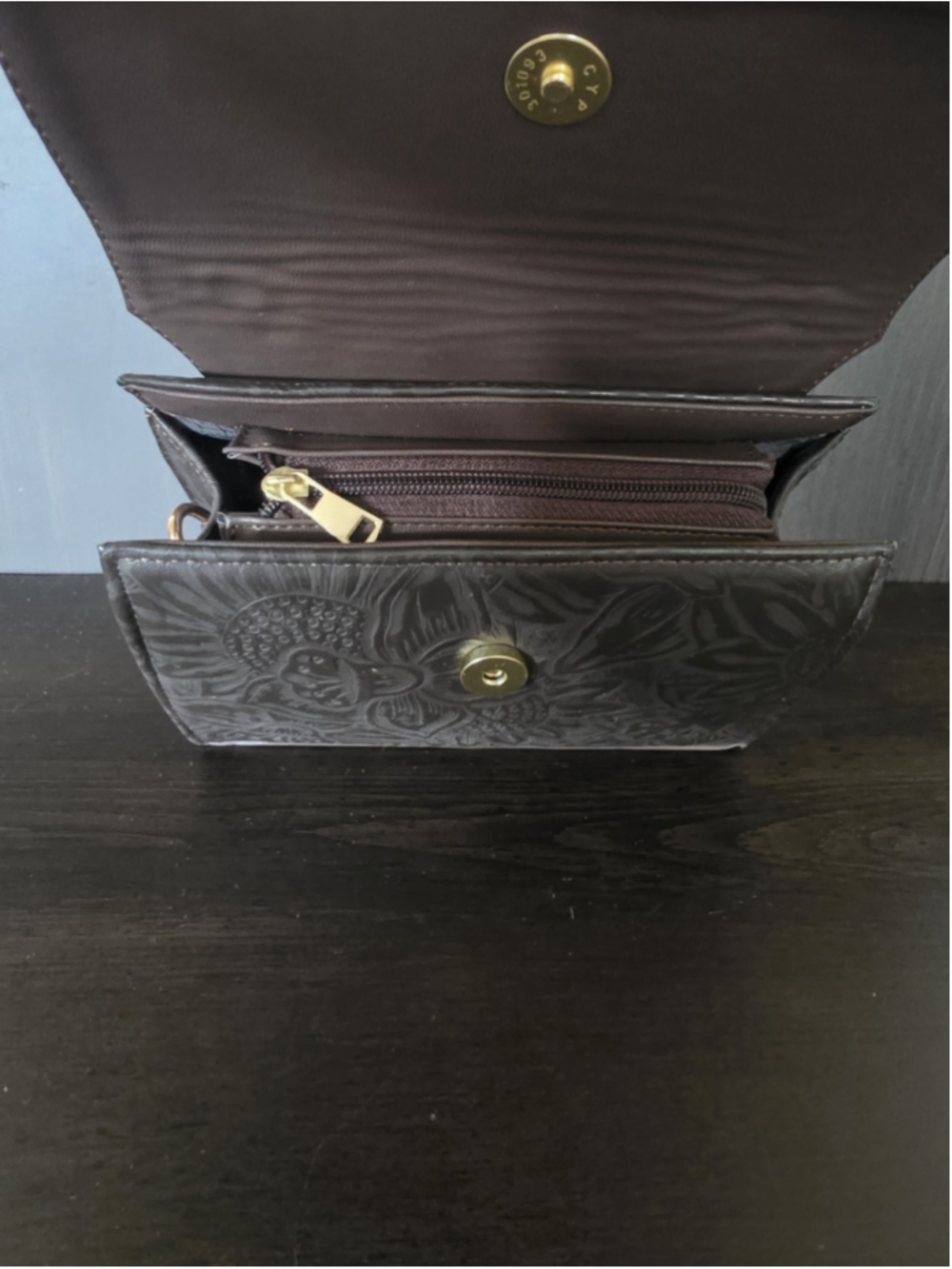 Dark Chocolate Brown Sunflower Embossed Tooled Artisan Leather Crossbody Bag - Picture 11 of 16